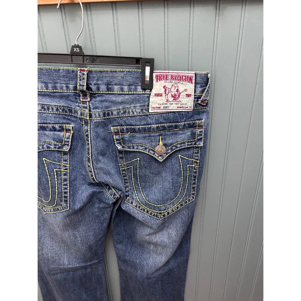 True Religion Bobby Mens Blue Jeans Yellow Contrast Thick Stitch Straight 40x34